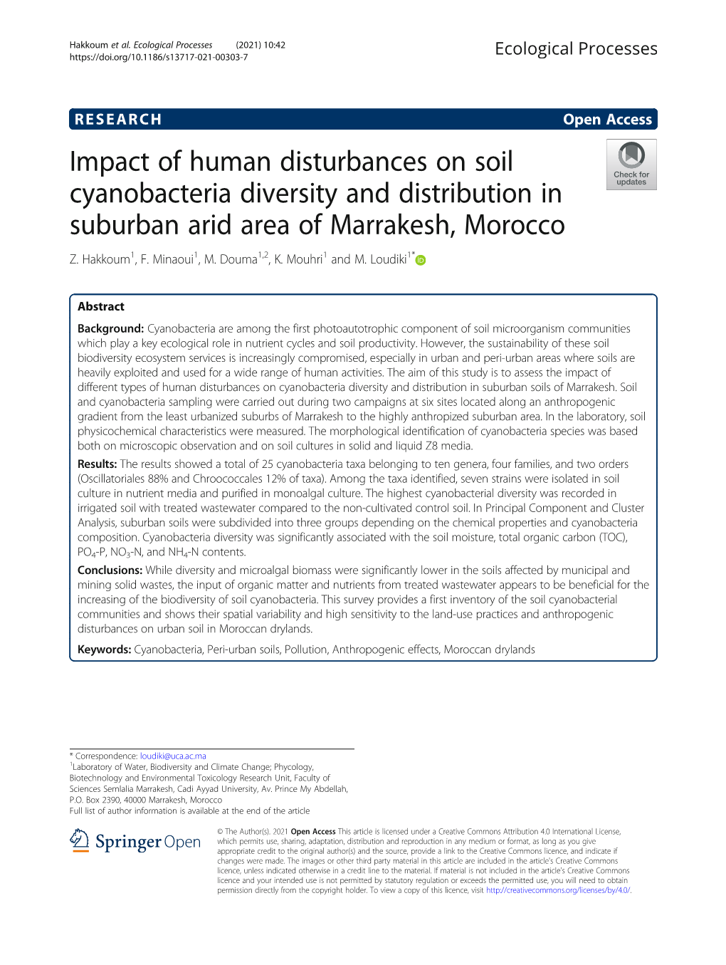 Impact of Human Disturbances on Soil Cyanobacteria Diversity and Distribution in Suburban Arid Area of Marrakesh, Morocco Z