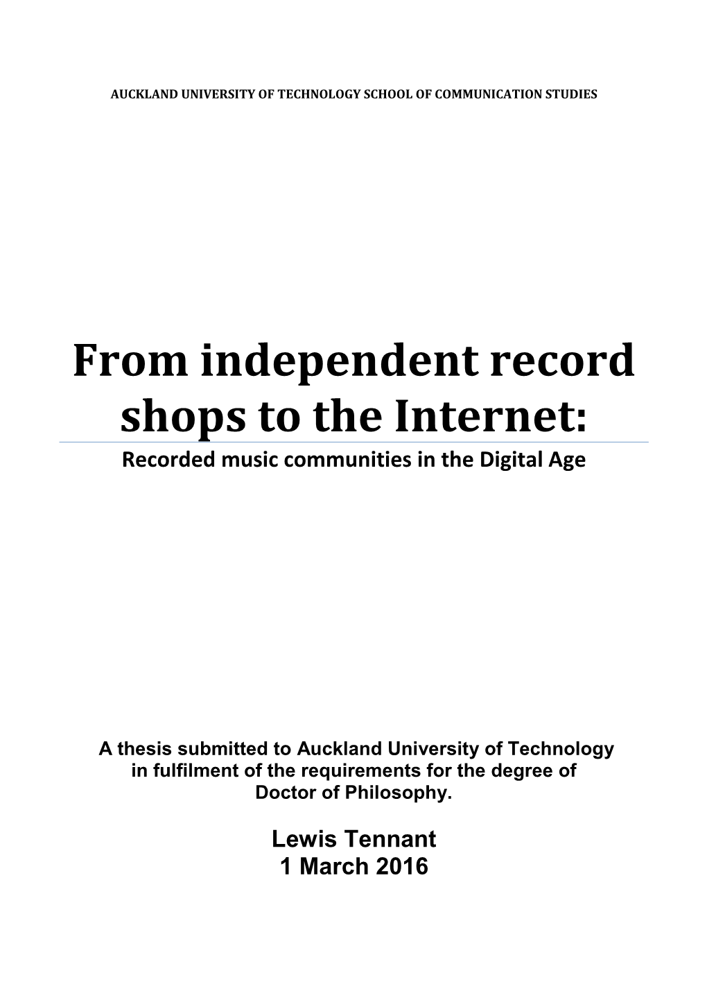 From Independent Record Shops to the Internet: Recorded Music Communities in the Digital Age