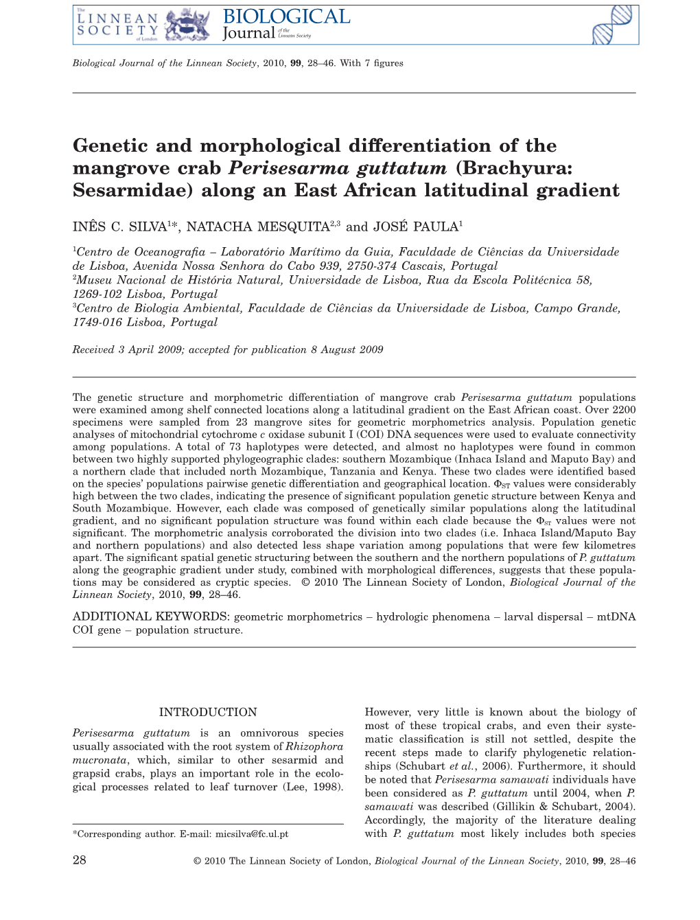 Genetic and Morphological Differentiation of the Mangrove Crab Perisesarma Guttatum (Brachyura: Sesarmidae) Along an East African Latitudinal Gradient