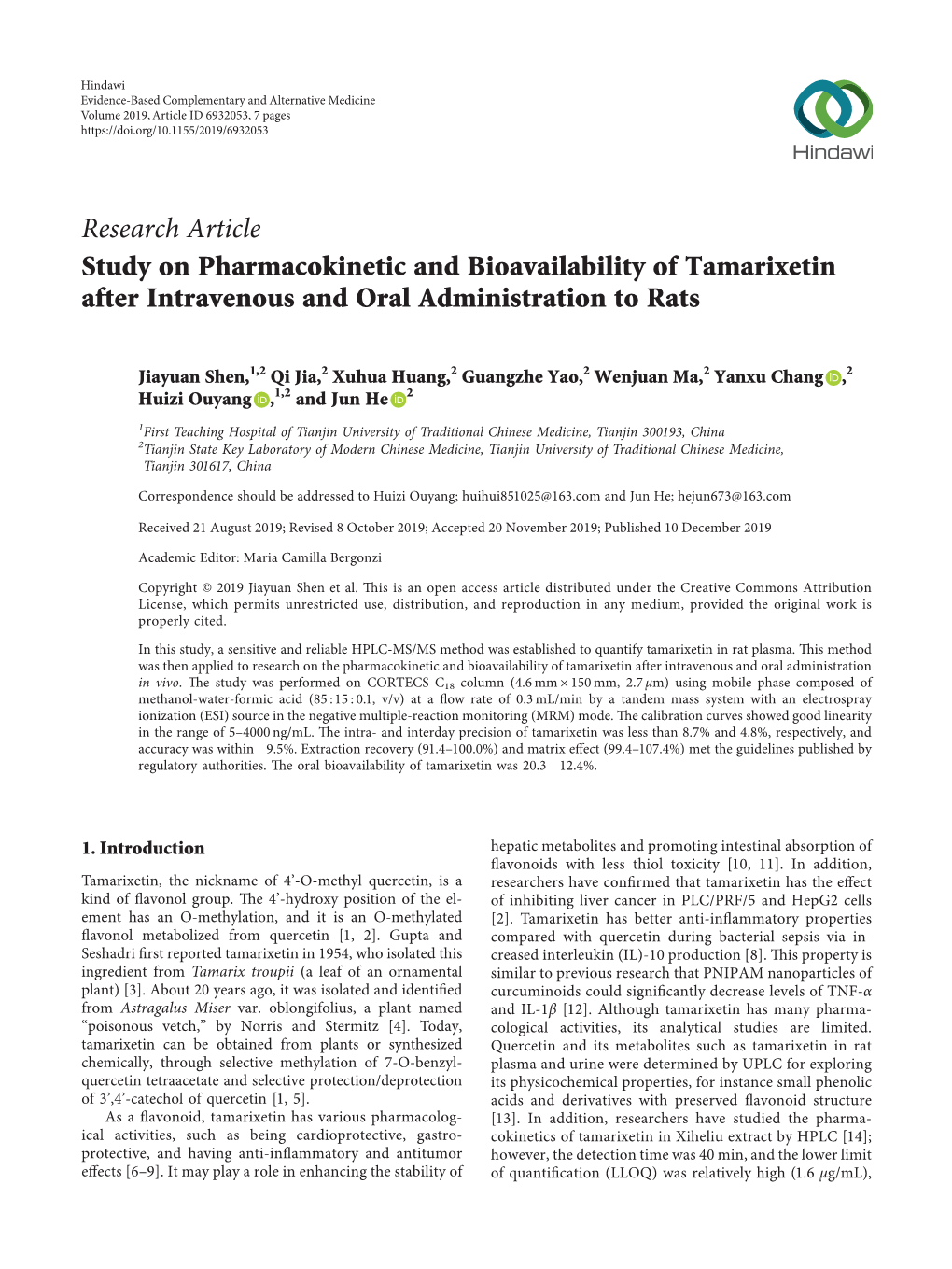 Study on Pharmacokinetic and Bioavailability of Tamarixetin After Intravenous and Oral Administration to Rats