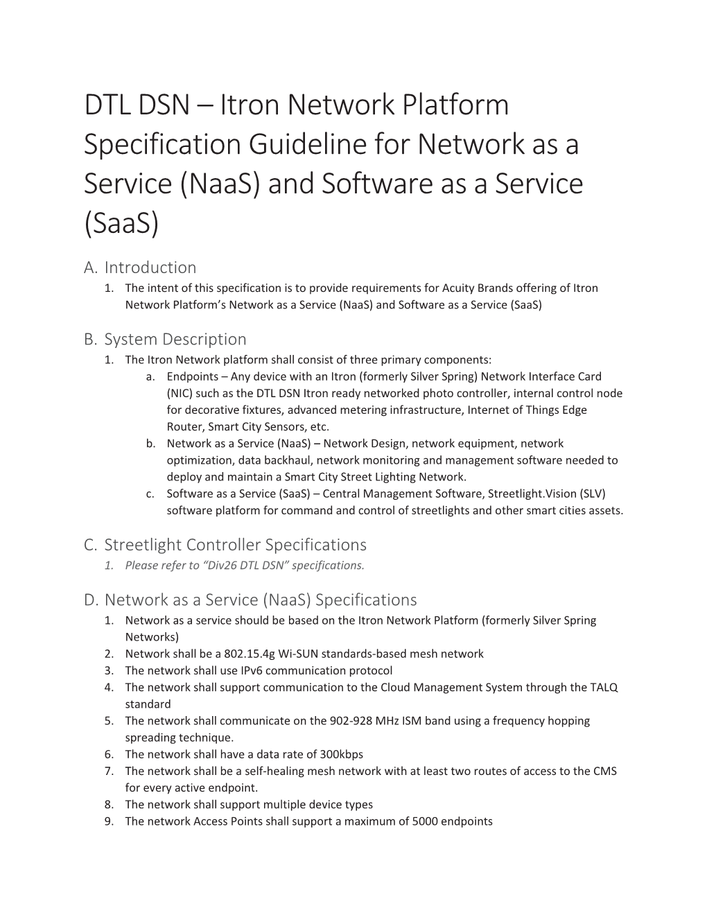 DTL DSN Itron Network Platform Specification Guideline for Naas