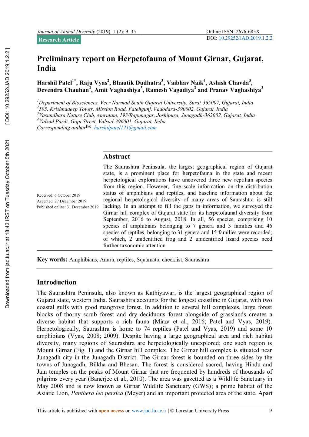 Preliminary Report on Herpetofauna of Mount Girnar, Gujarat, India