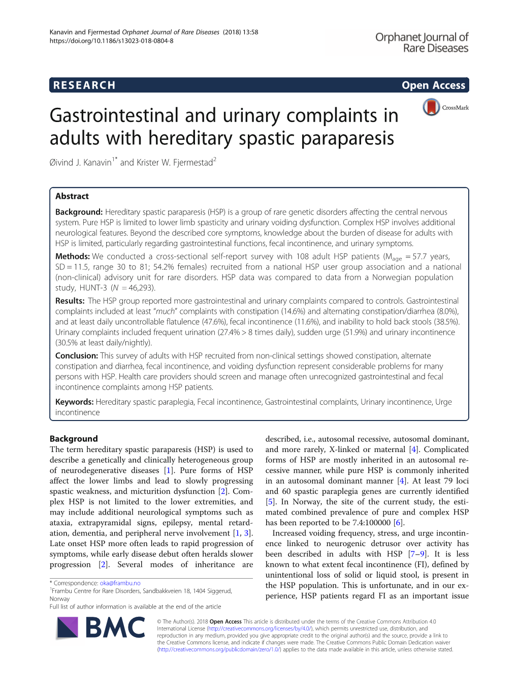 Gastrointestinal and Urinary Complaints in Adults with Hereditary Spastic Paraparesis Øivind J