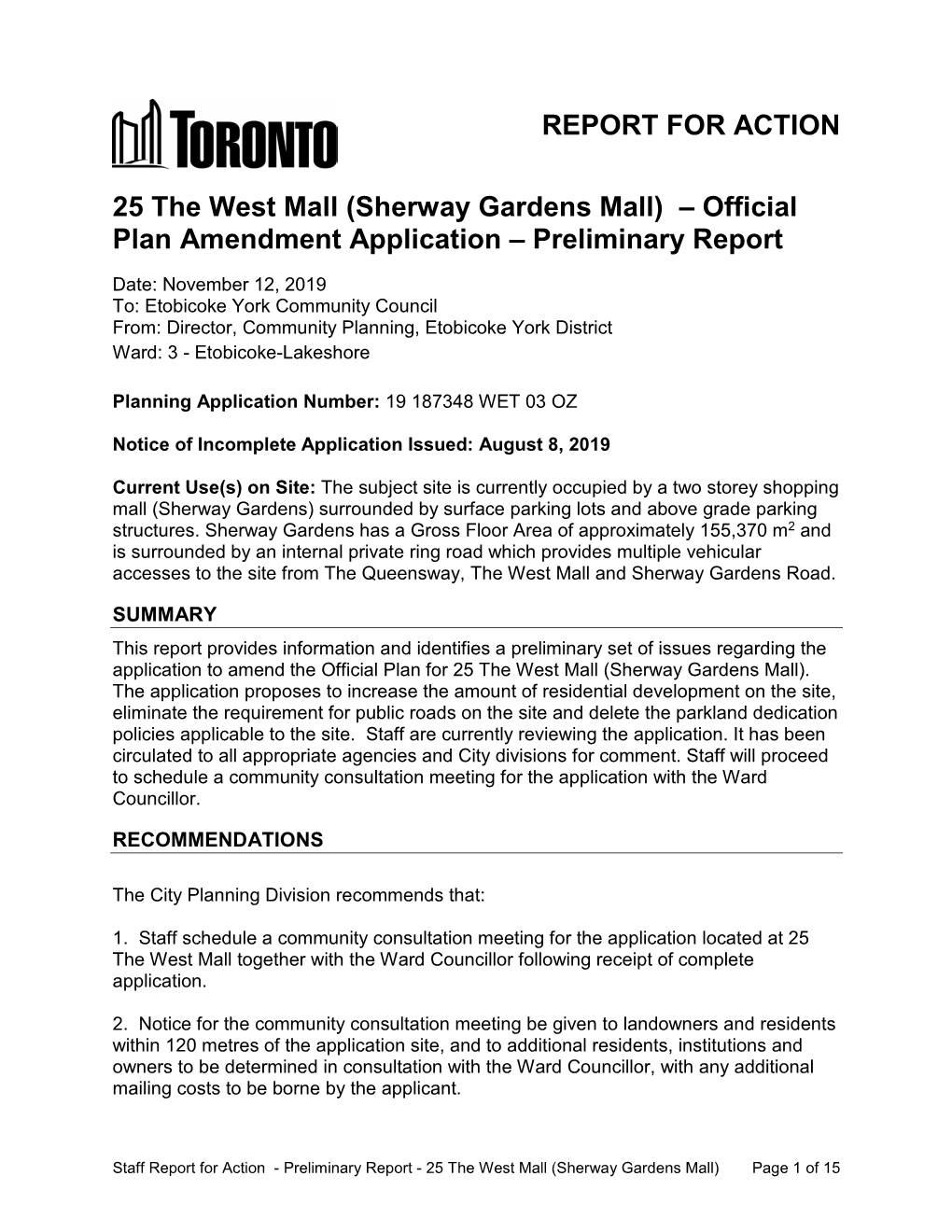 Sherway Gardens Mall) – Official Plan Amendment Application – Preliminary Report