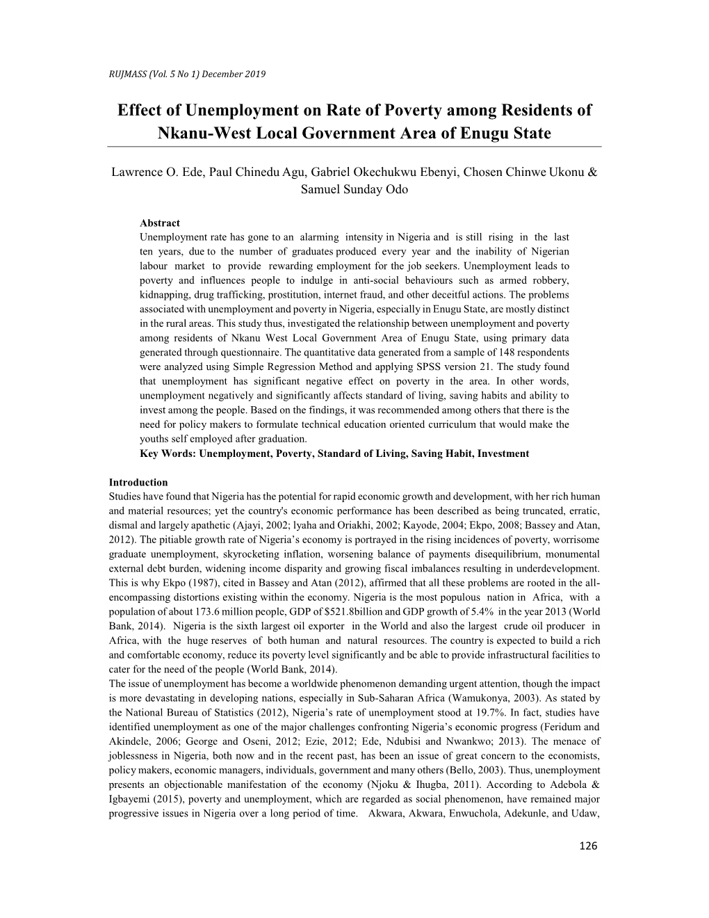 Effect of Unemployment on Rate of Poverty Among Residents of Nkanu-West Local Government Area of Enugu State