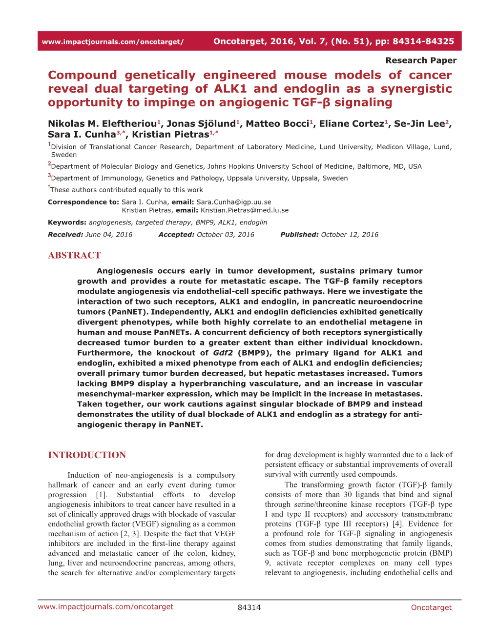 Compound Genetically Engineered Mouse Models of Cancer Reveal Dual Targeting of ALK1 and Endoglin As a Synergistic Opportunity T