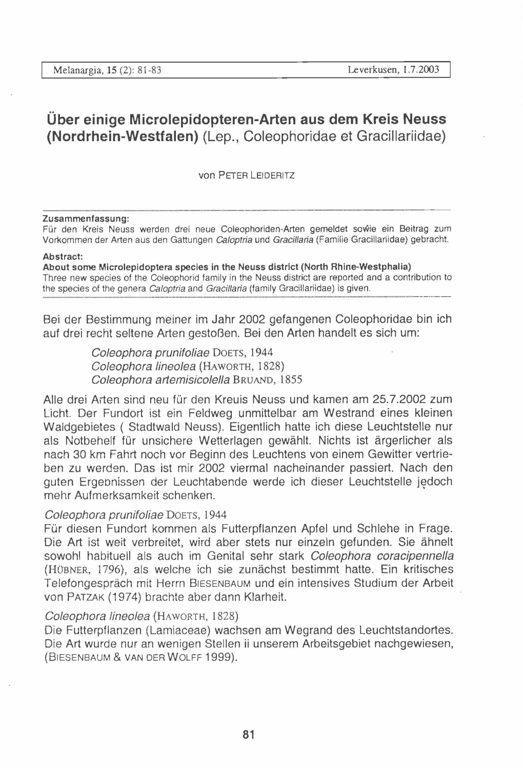 Über Einige Microlepidopteren-Arten Aus Dem Kreis Neuss (Nordrhein-Westfalen) (Lep., Coleophoridae Et Gracillariidae)