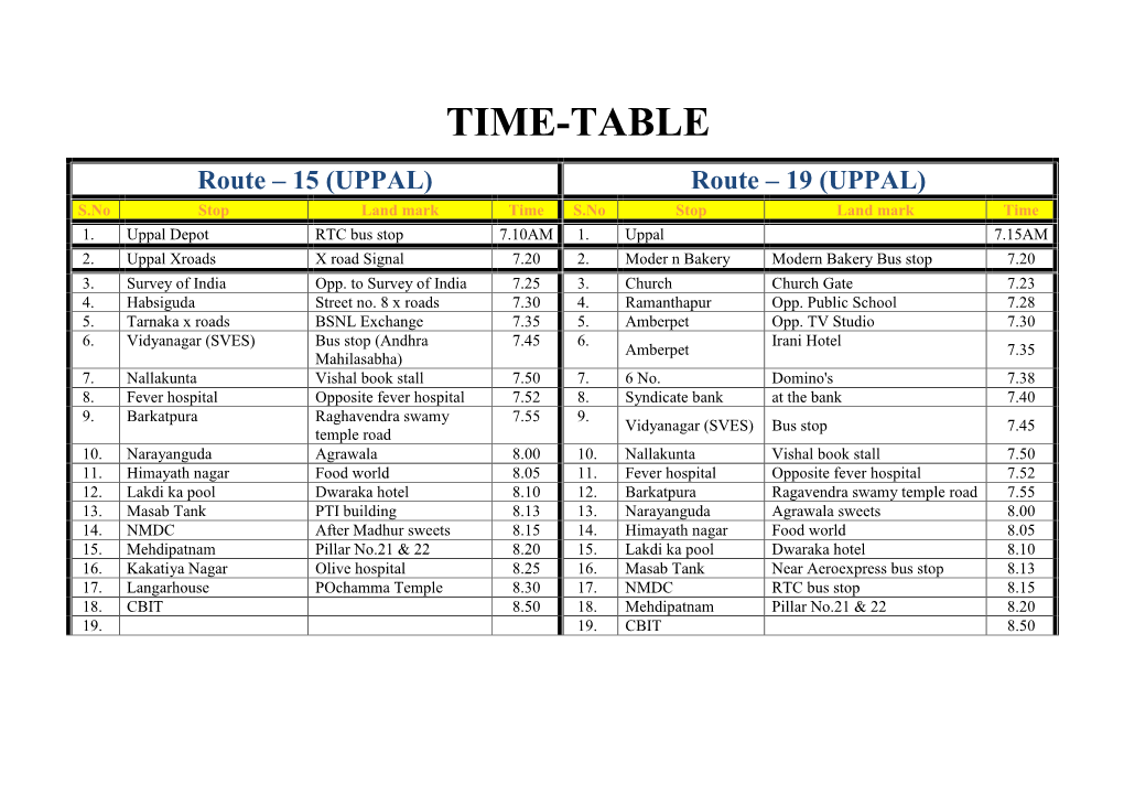 TIME-TABLE Route – 15 (UPPAL) Route – 19 (UPPAL) S.No Stop Land Mark Time S.No Stop Land Mark Time 1