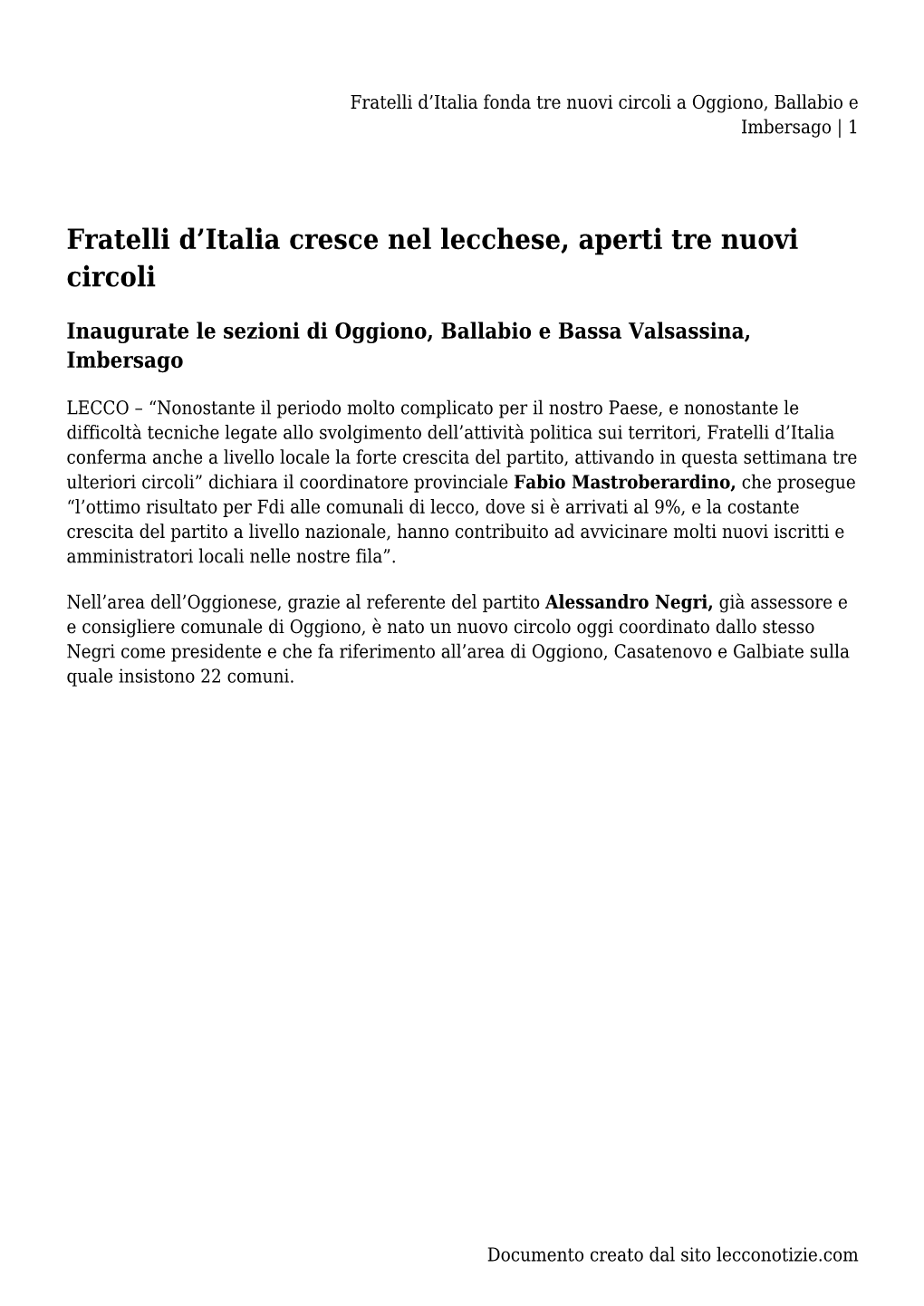 Italia Fonda Tre Nuovi Circoli a Oggiono, Ballabio E Imbersago | 1