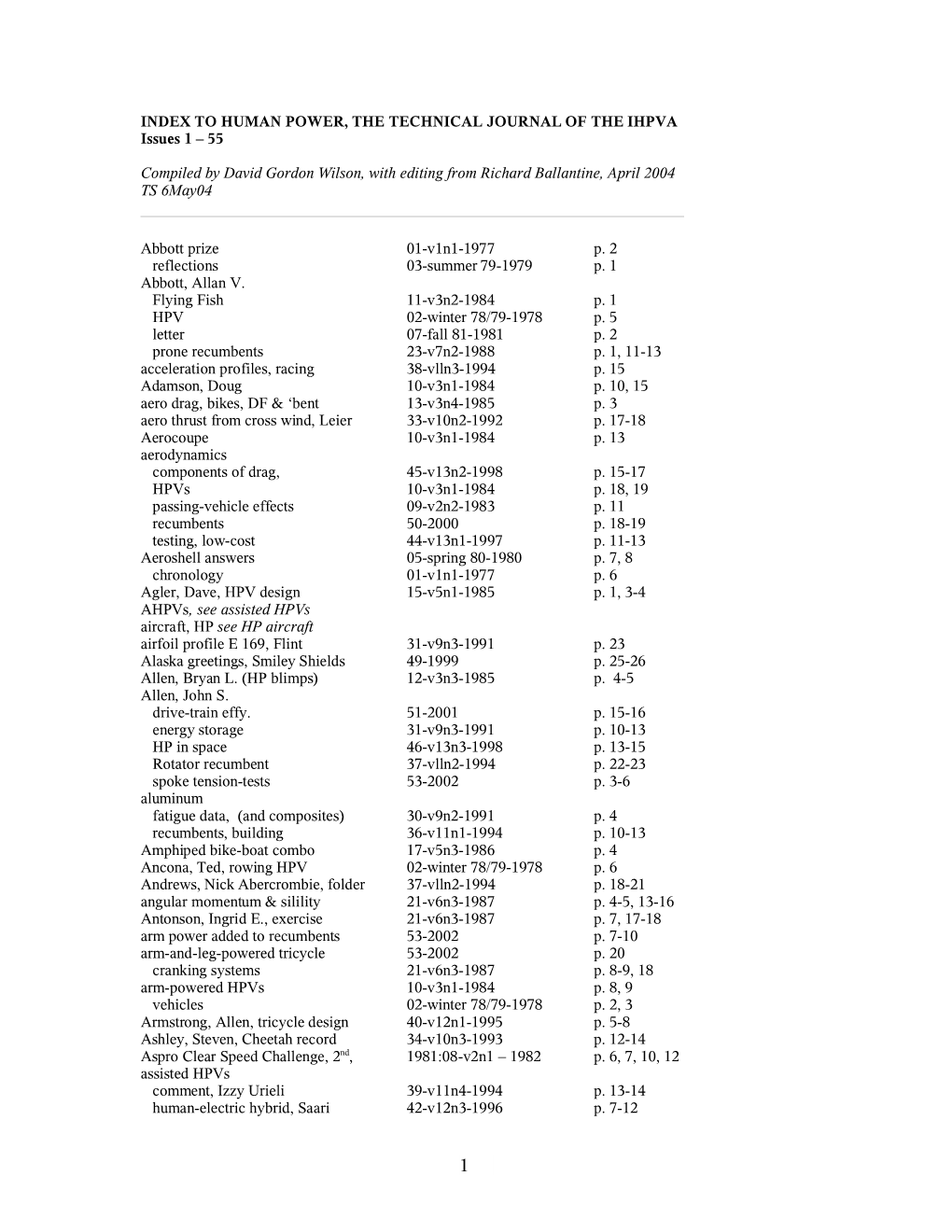 Index to Human Power, Issues 1