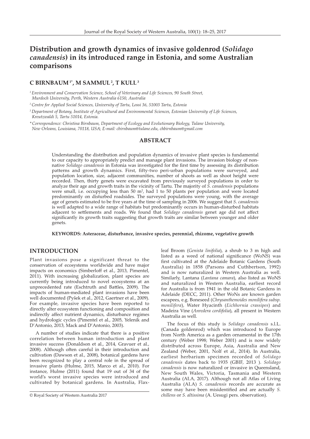 (Solidago Canadensis) in Its Introduced Range in Estonia, and Some Australian Comparisons