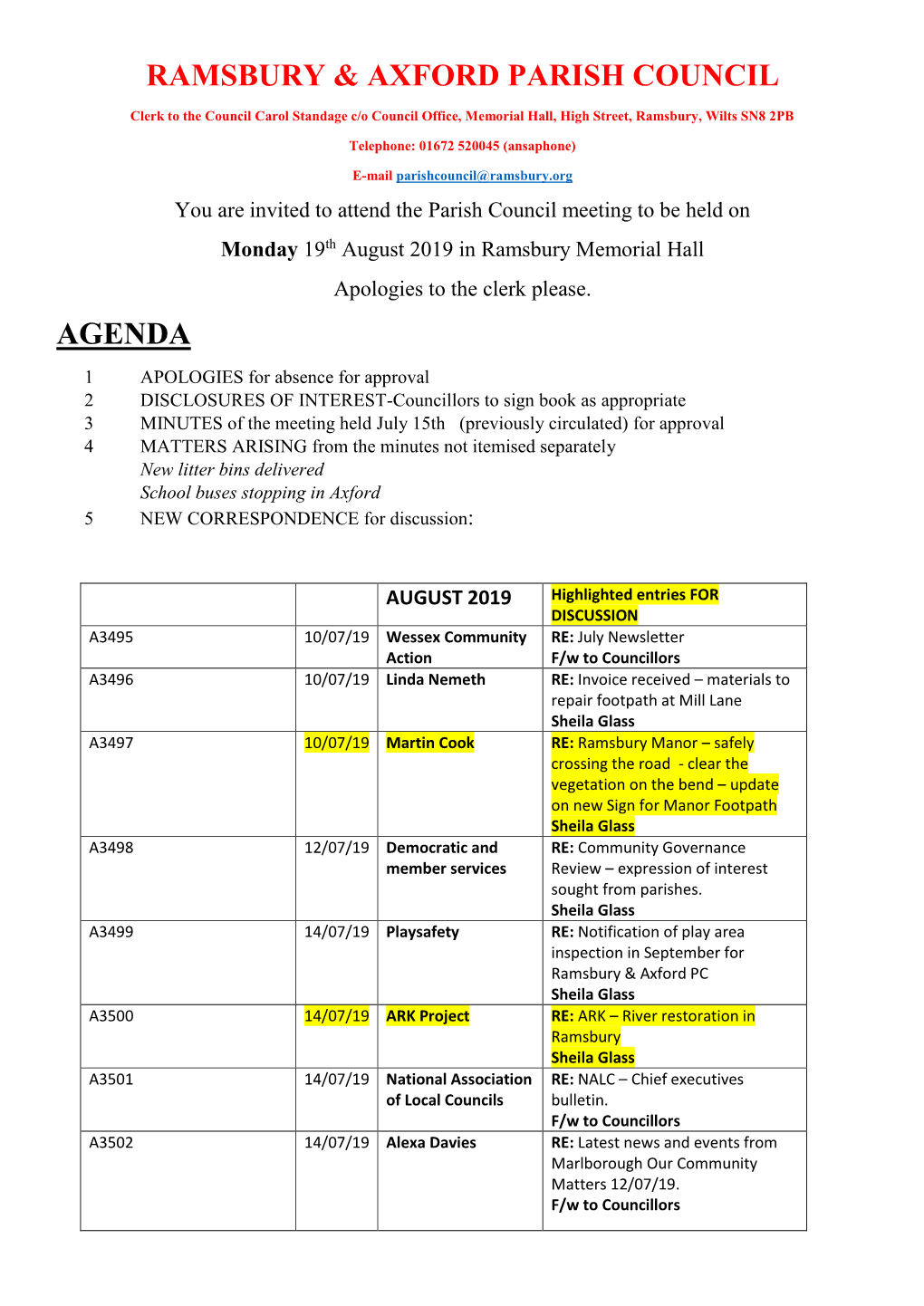 Ramsbury & Axford Parish Council Agenda