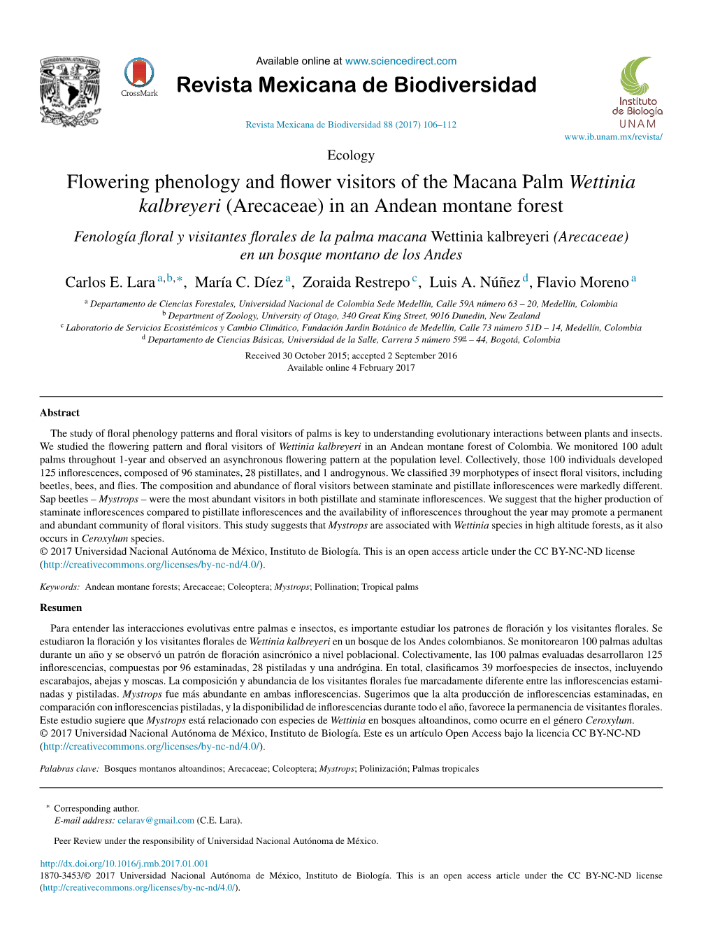 Flowering Phenology and Flower Visitors of the Macana Palm