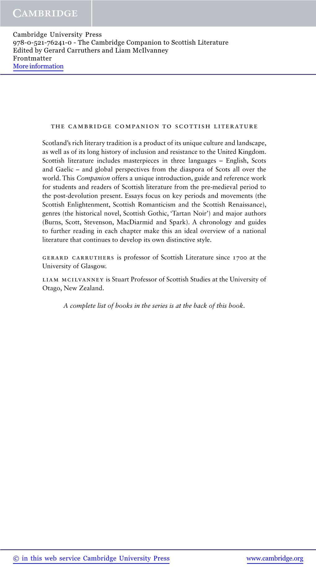 The Cambridge Companion to Scottish Literature Edited by Gerard Carruthers and Liam Mcilvanney Frontmatter More Information