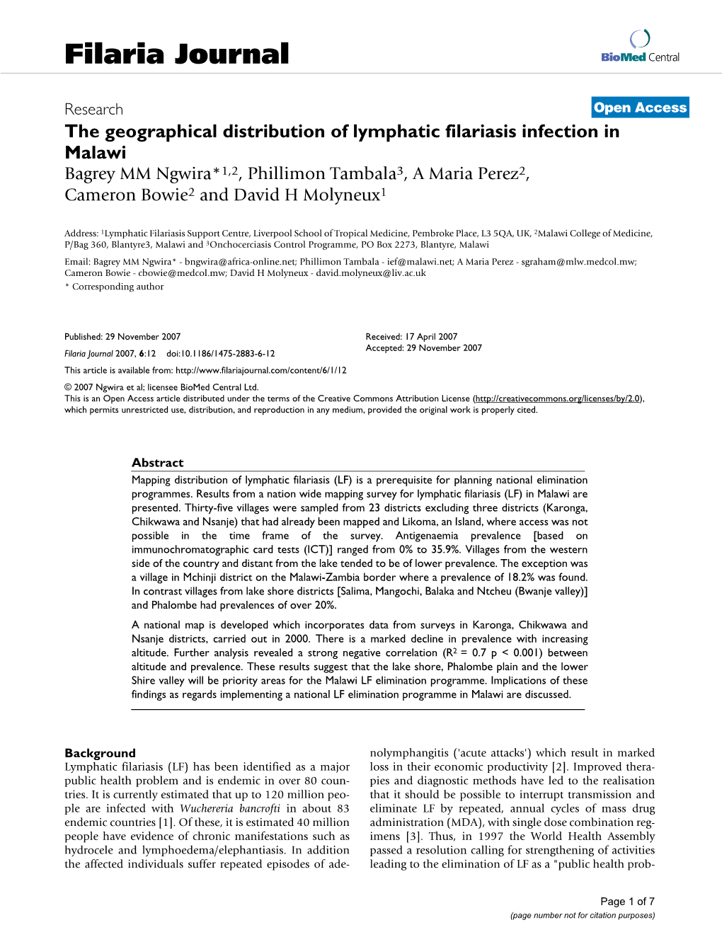 The Geographical Distribution of Lymphatic Filariasis