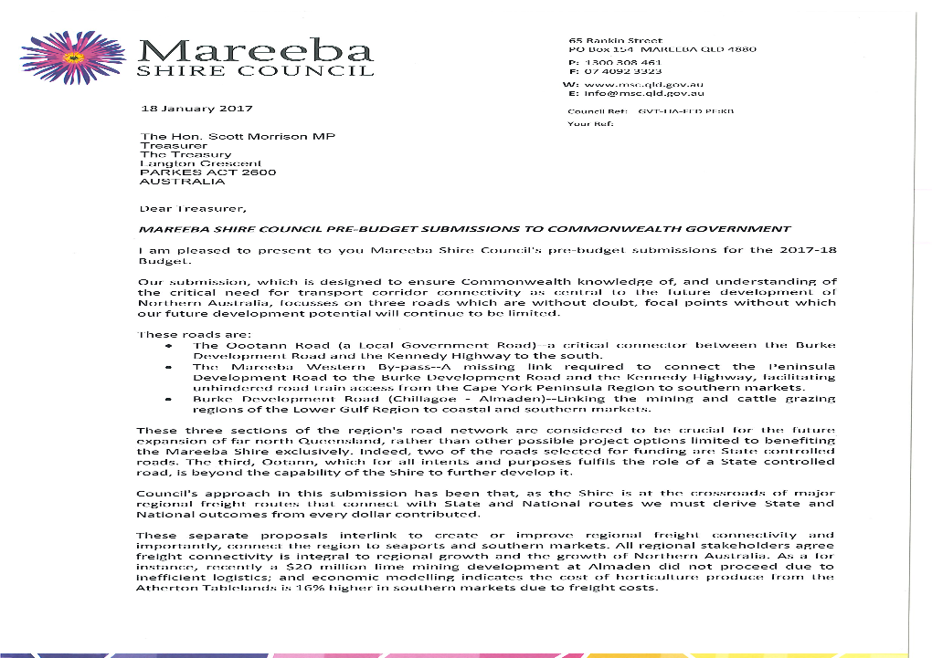 Mareeba Shire Council Recommends the Funding of the Capacity Increase of Ootann Road to Take Multi-Trailered Heavy Transport, 91Km Sealing and Widening