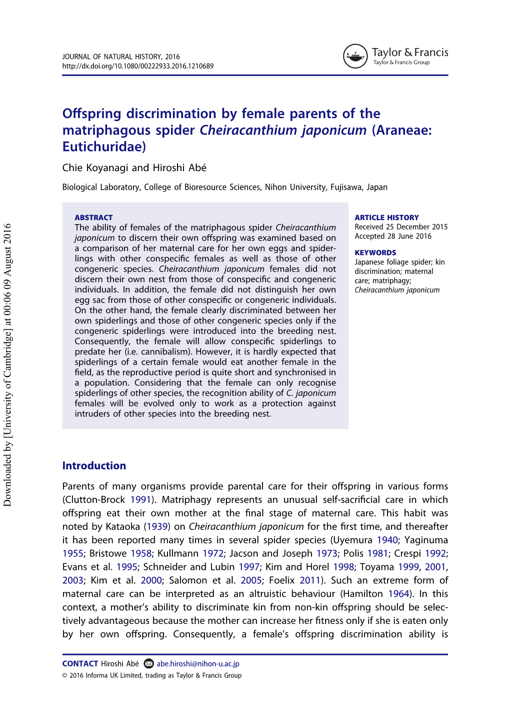 Offspring Discrimination by Female Parents of the Matriphagous Spider