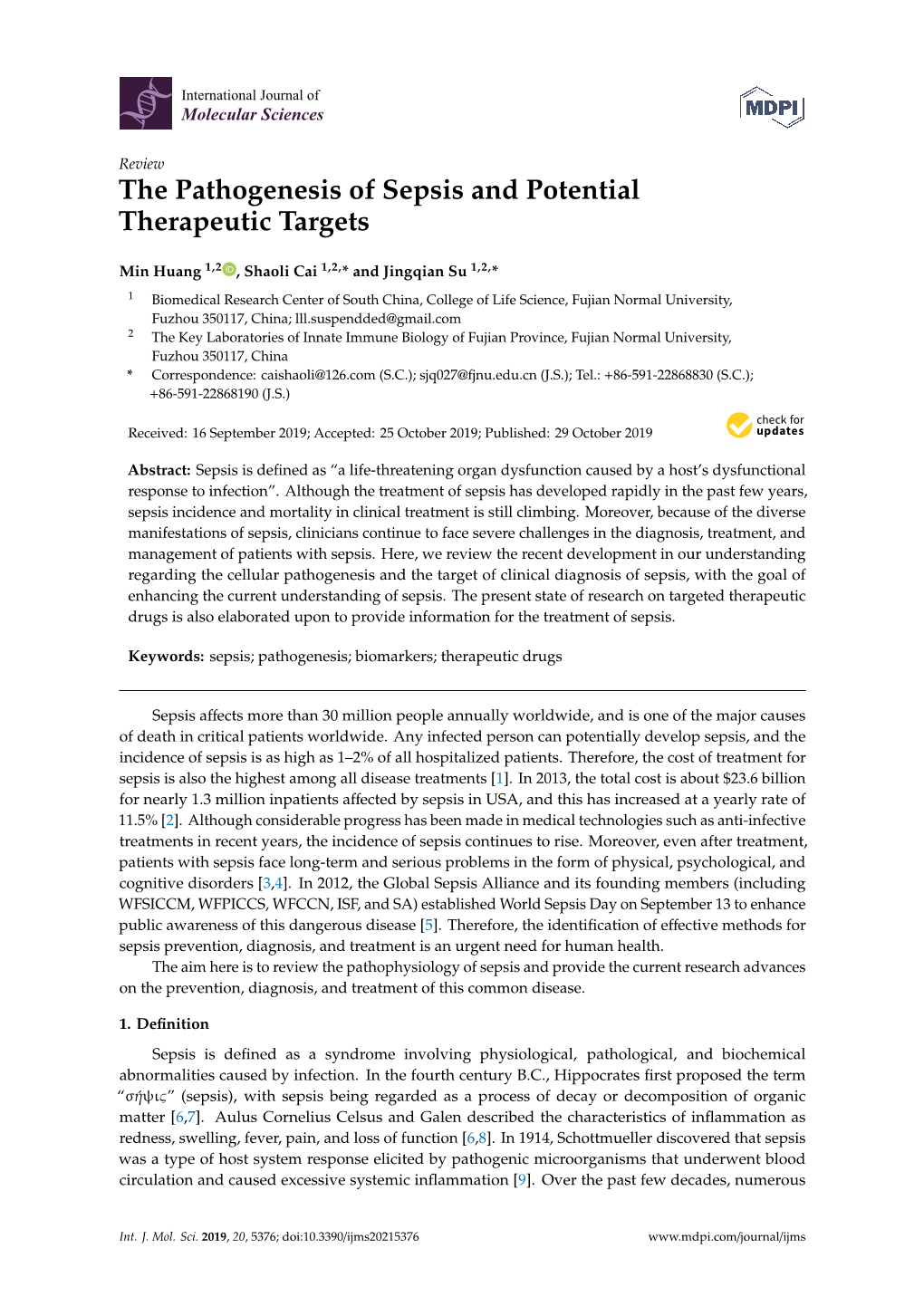 The Pathogenesis of Sepsis and Potential Therapeutic Targets