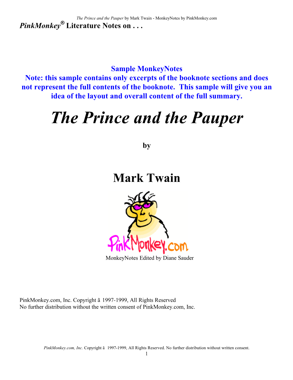 The Prince and the Pauper by Mark Twain - Monkeynotes by Pinkmonkey.Com Pinkmonkey® Literature Notes On