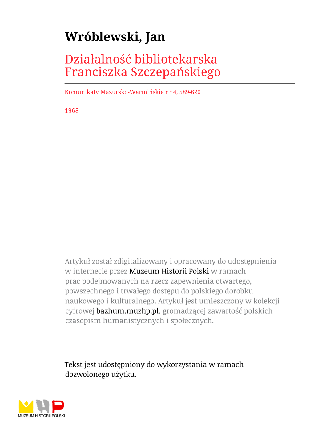 Wróblewski, Jan Działalność Bibliotekarska Franciszka Szczepańskiego