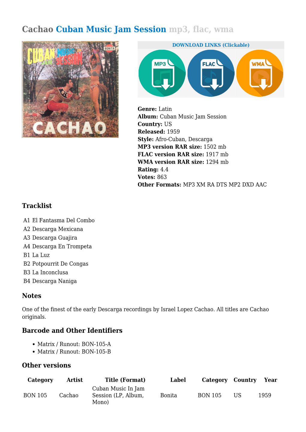 Cachao Cuban Music Jam Session Mp3, Flac, Wma