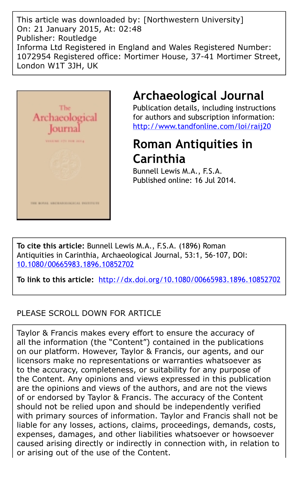 Archaeological Journal Roman Antiquities in Carinthia
