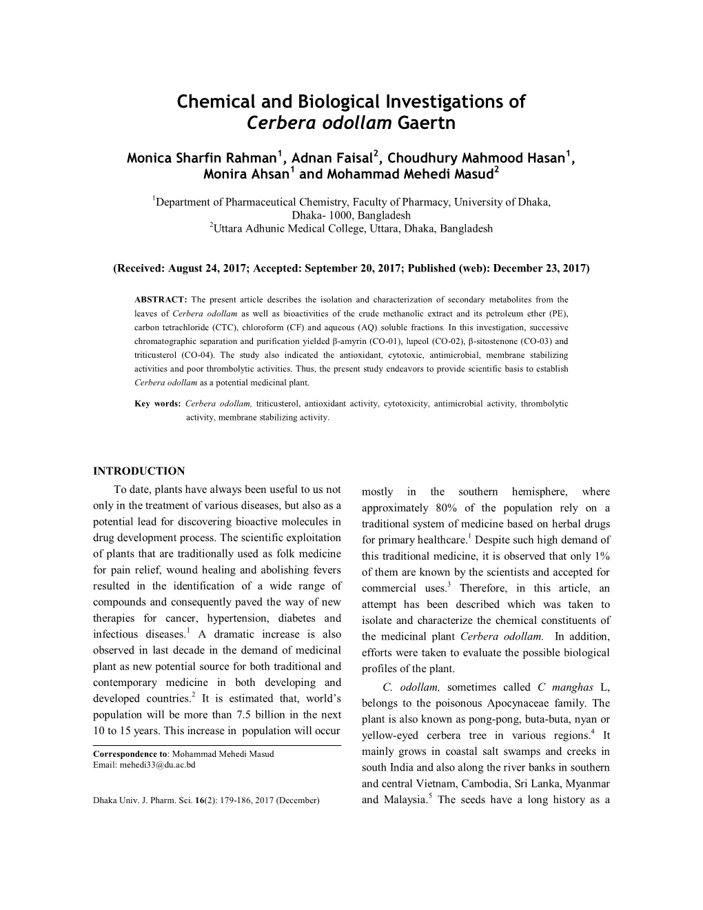 Chemical and Biological Investigations of Cerbera Odollam Gaertn