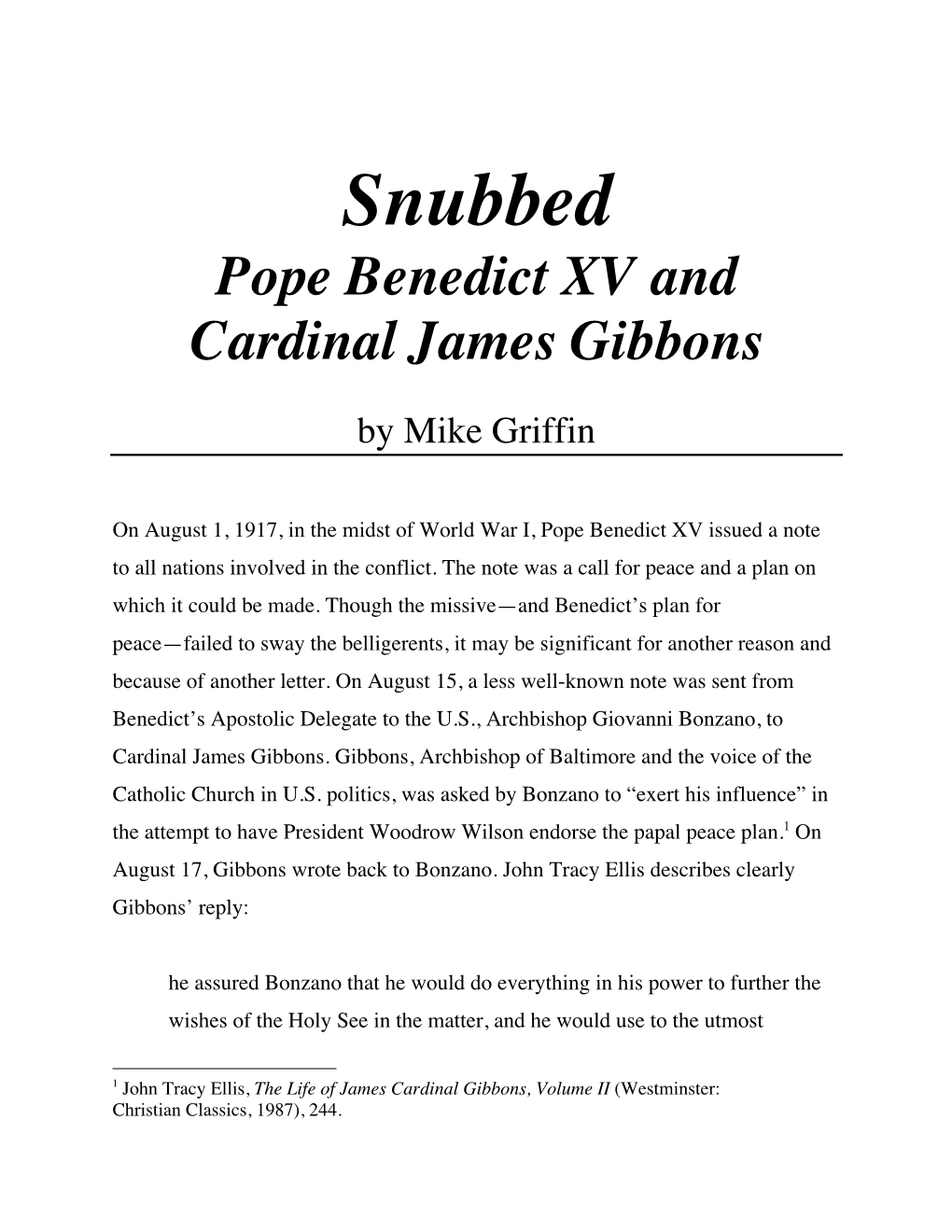 Snubbed, Pope Benedict XV and Cardinal James Gibbons