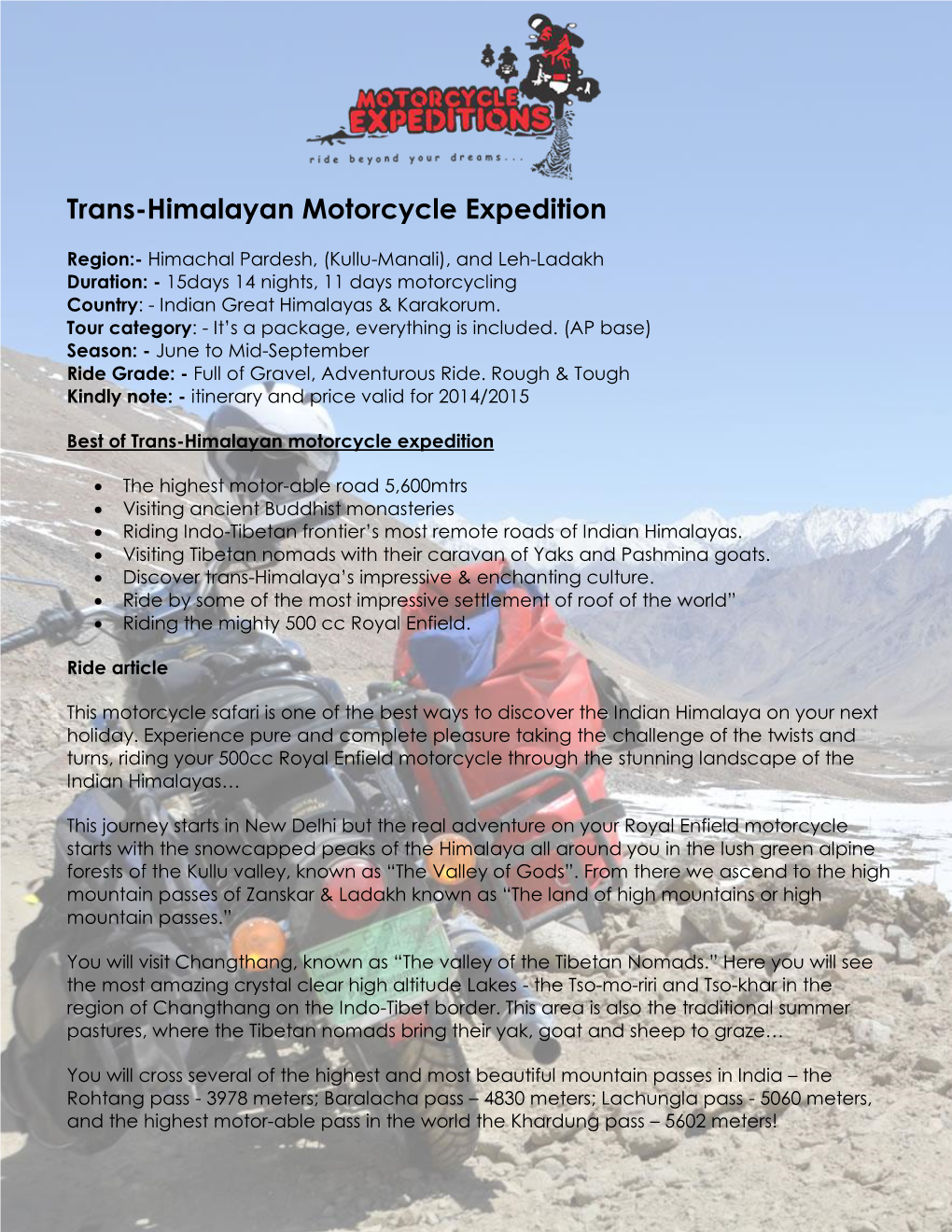 Trans-Himalayan Motorcycle Expedition