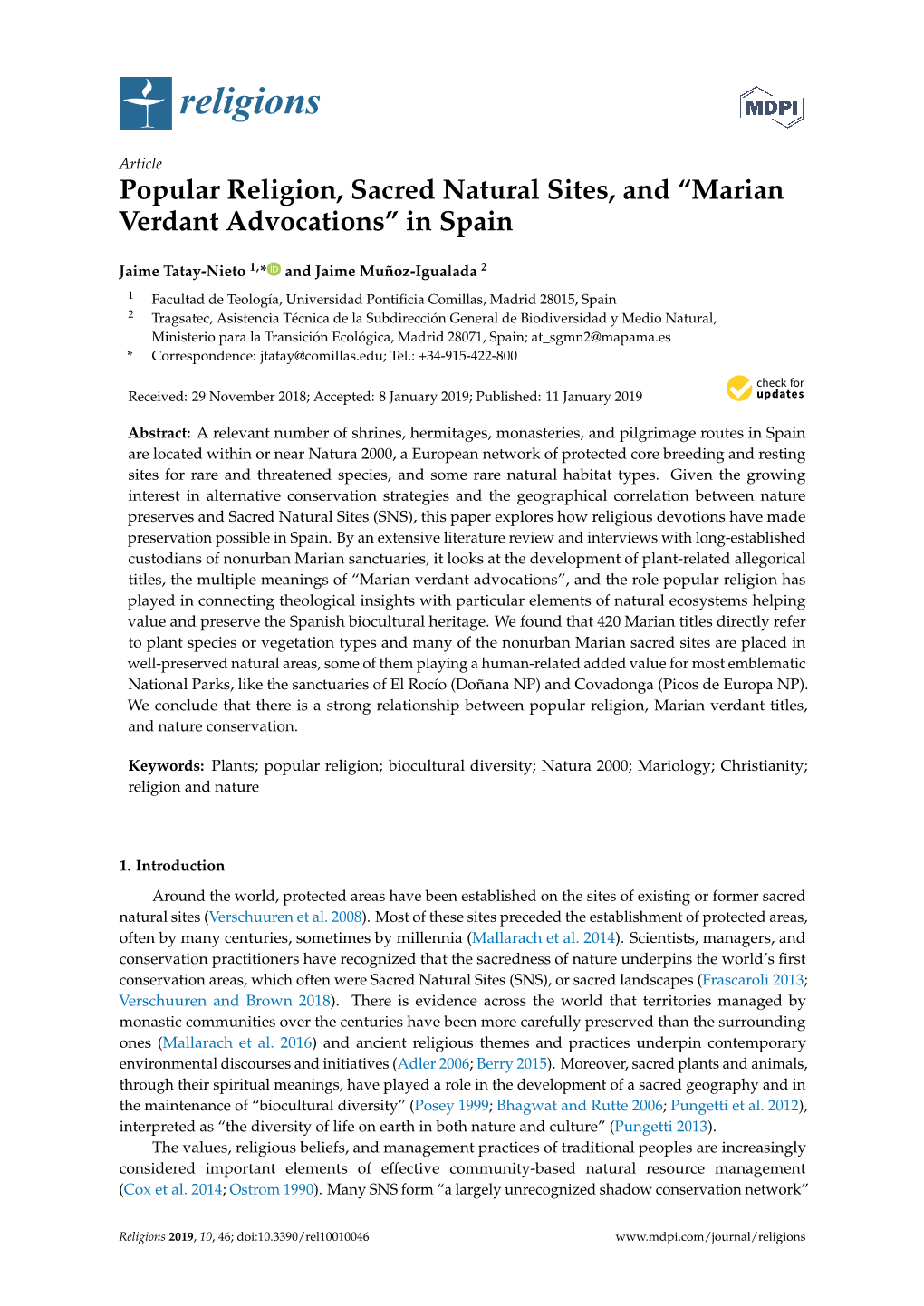 Popular Religion, Sacred Natural Sites, and “Marian Verdant Advocations” in Spain