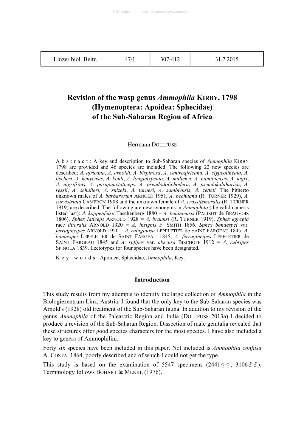 Revision of the Wasp Genus Ammophila KIRBY, 1798 (Hymenoptera: Apoidea: Sphecidae) of the Sub-Saharan Region of Africa