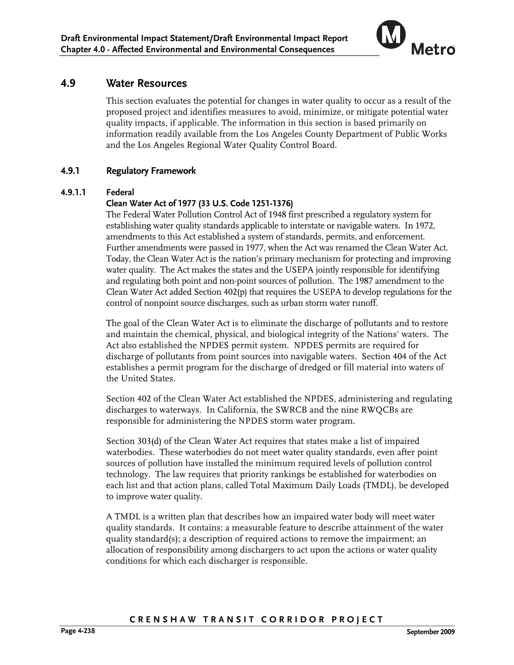 CRENSHAW TRANSIT CORRIDOR PROJECT Page 4-238 September 2009