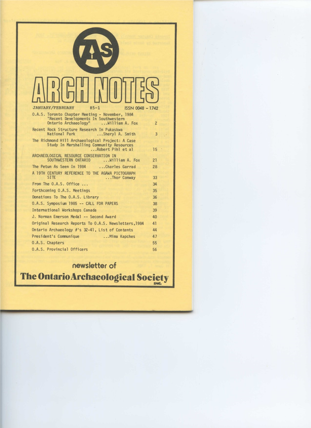 Newsletter of the Ontario Archaeological Society INC Uij.Tlla.Rn a Dox