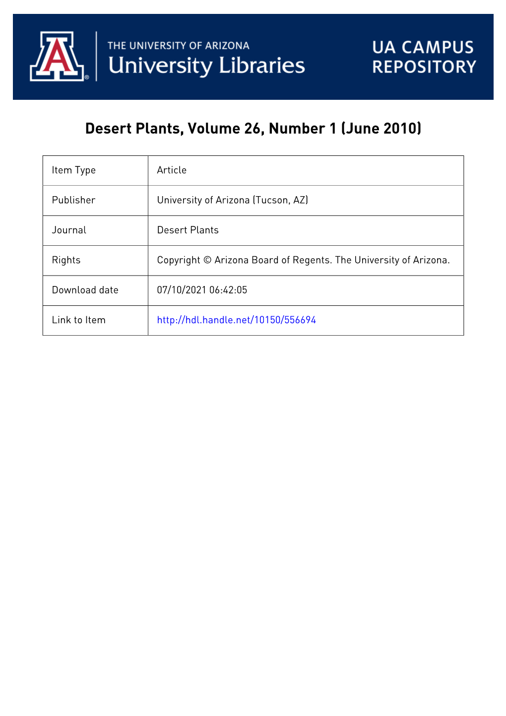 Desert Plants, Volume 26, Number 1 (June 2010)