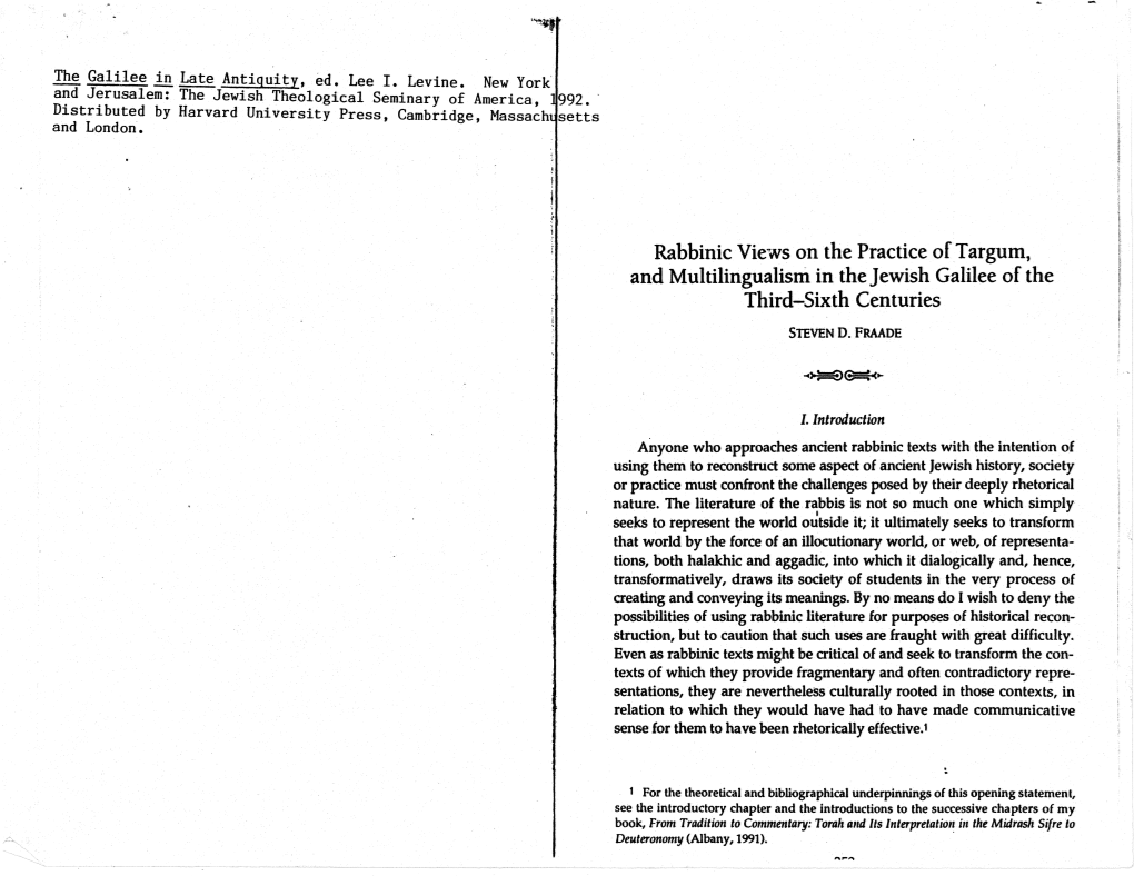 Rabbinic Views on the Practice of Targum, and Multilingualism in the Jewish Galilee of the Third-Sixth Centuries