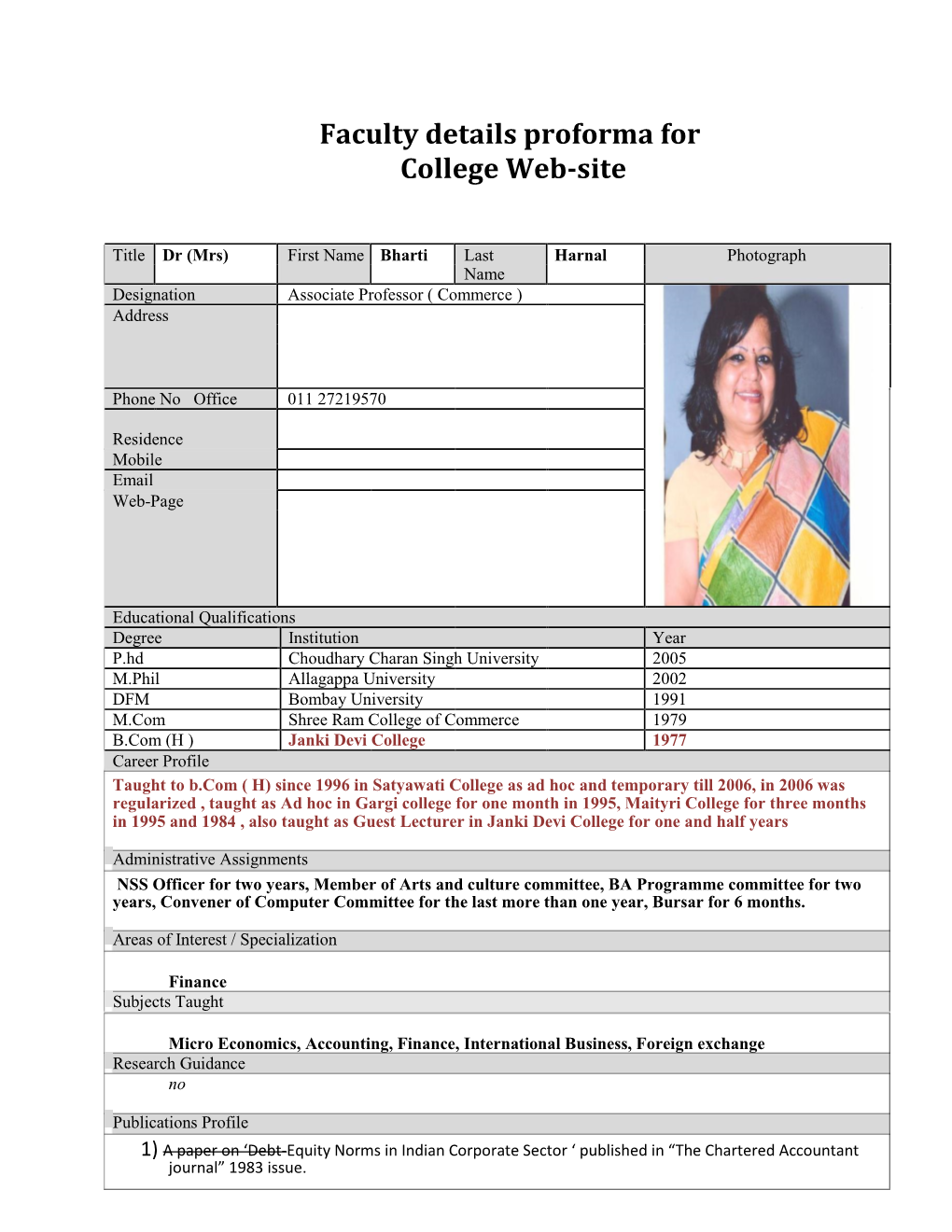 Faculty Details Proforma for College Web-Site