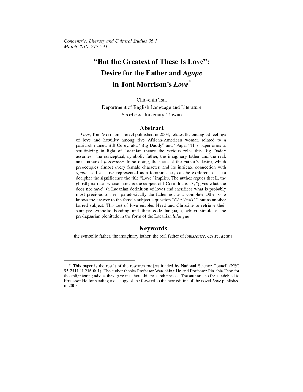 “But the Greatest of These Is Love”: Desire for the Father and Agape in Toni Morrison’S Love *