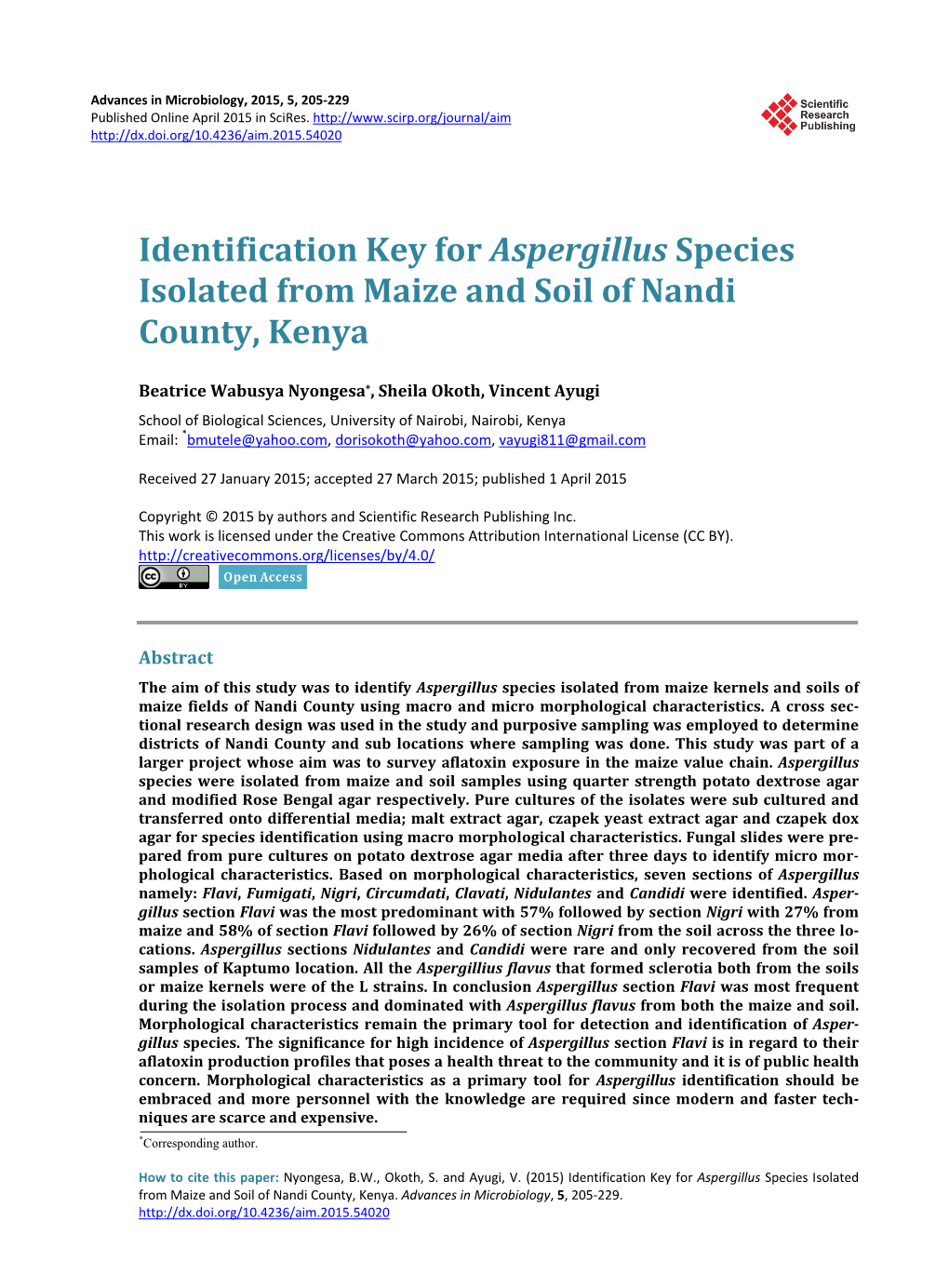 Identification Key for Aspergillus Species Isolated from Maize and Soil of Nandi County, Kenya