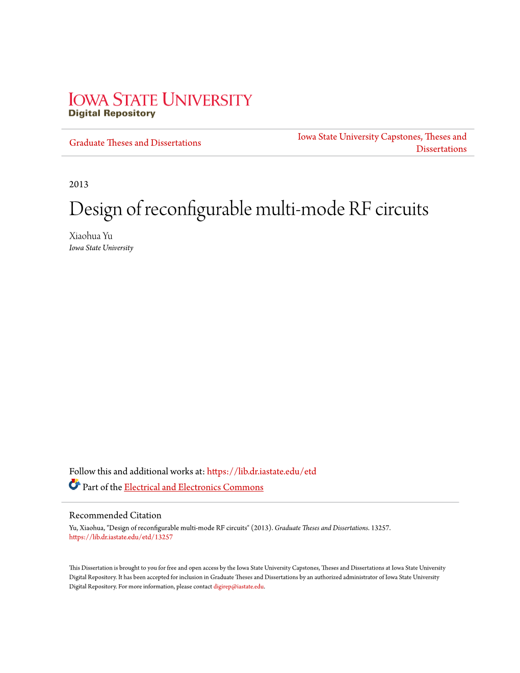 Design of Reconfigurable Multi-Mode RF Circuits Xiaohua Yu Iowa State University