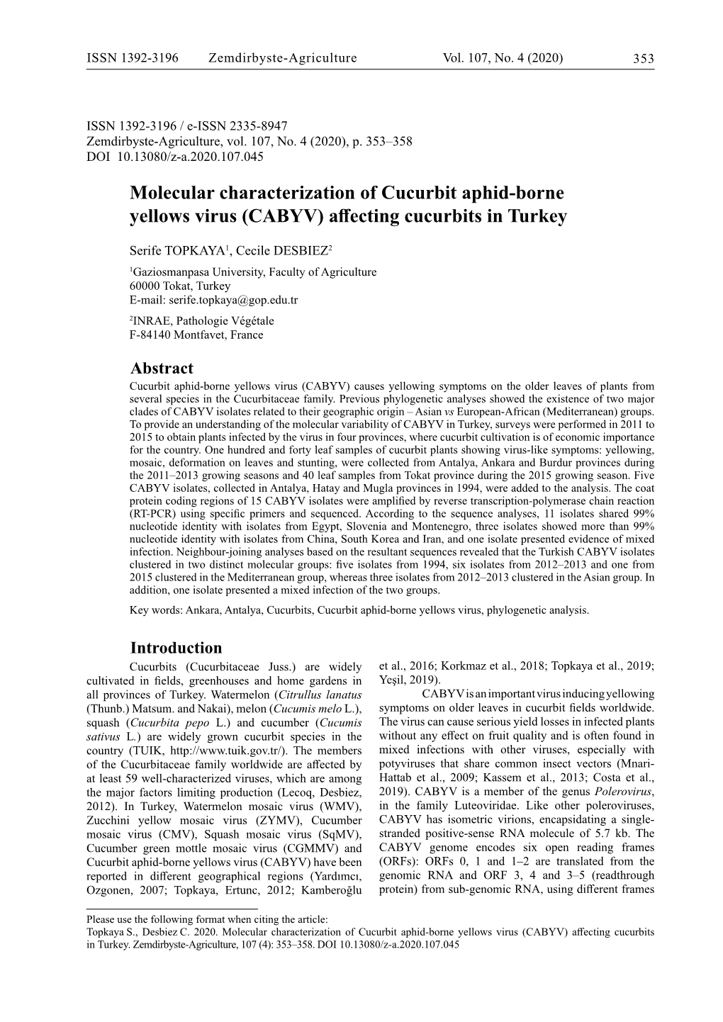 Molecular Characterization of Cucurbit Aphid-Borne Yellows Virus (CABYV) Affecting Cucurbits in Turkey