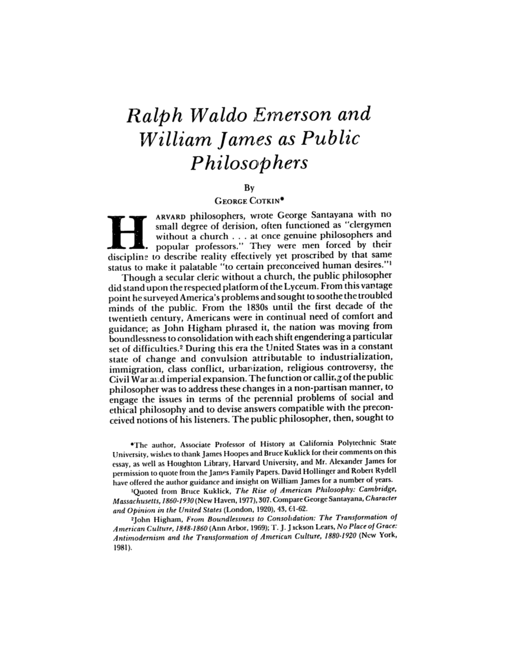 Ralph Waldo Emerson and William James As Public Philosophers