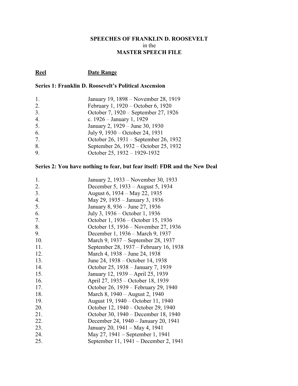 SPEECHES of FRANKLIN D. ROOSEVELT in the MASTER SPEECH FILE