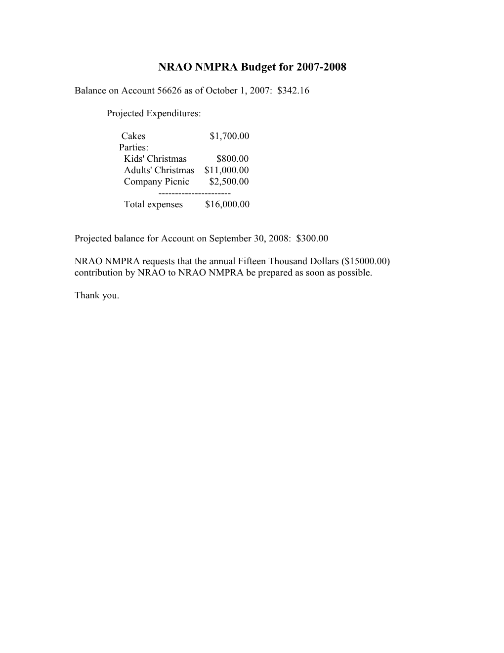 NRAO NMPRA Budget for 2007-2008