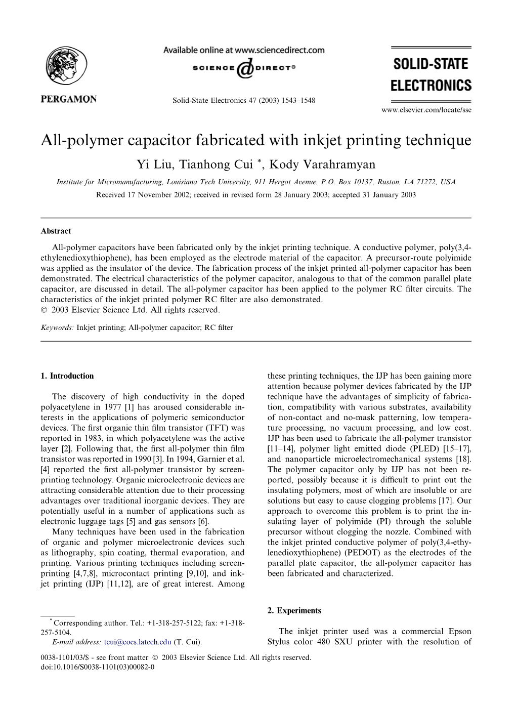 All-Polymer Capacitor Fabricated with Inkjet Printing Technique