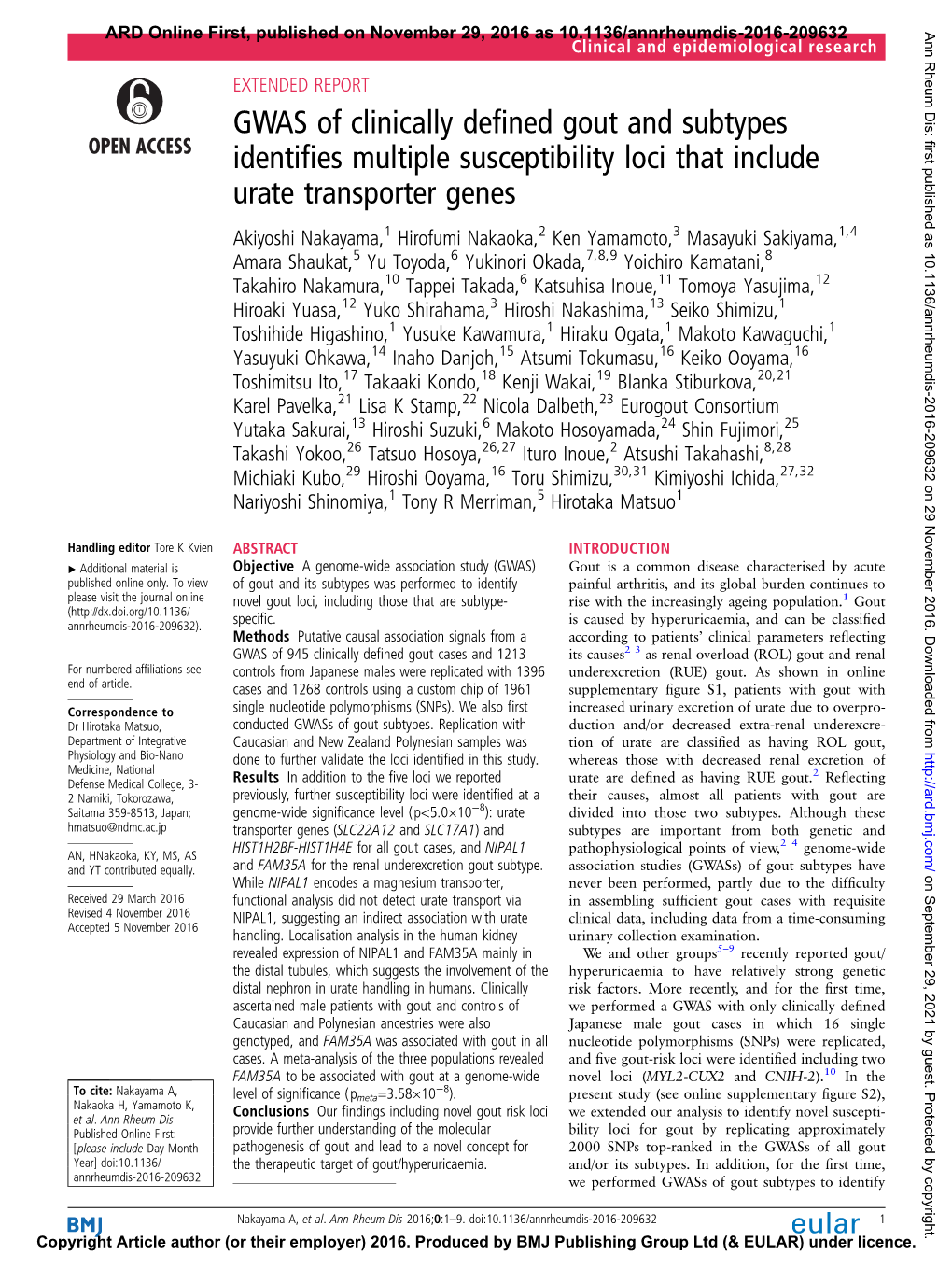 GWAS of Clinically Defined Gout and Subtypes Identifies Multiple