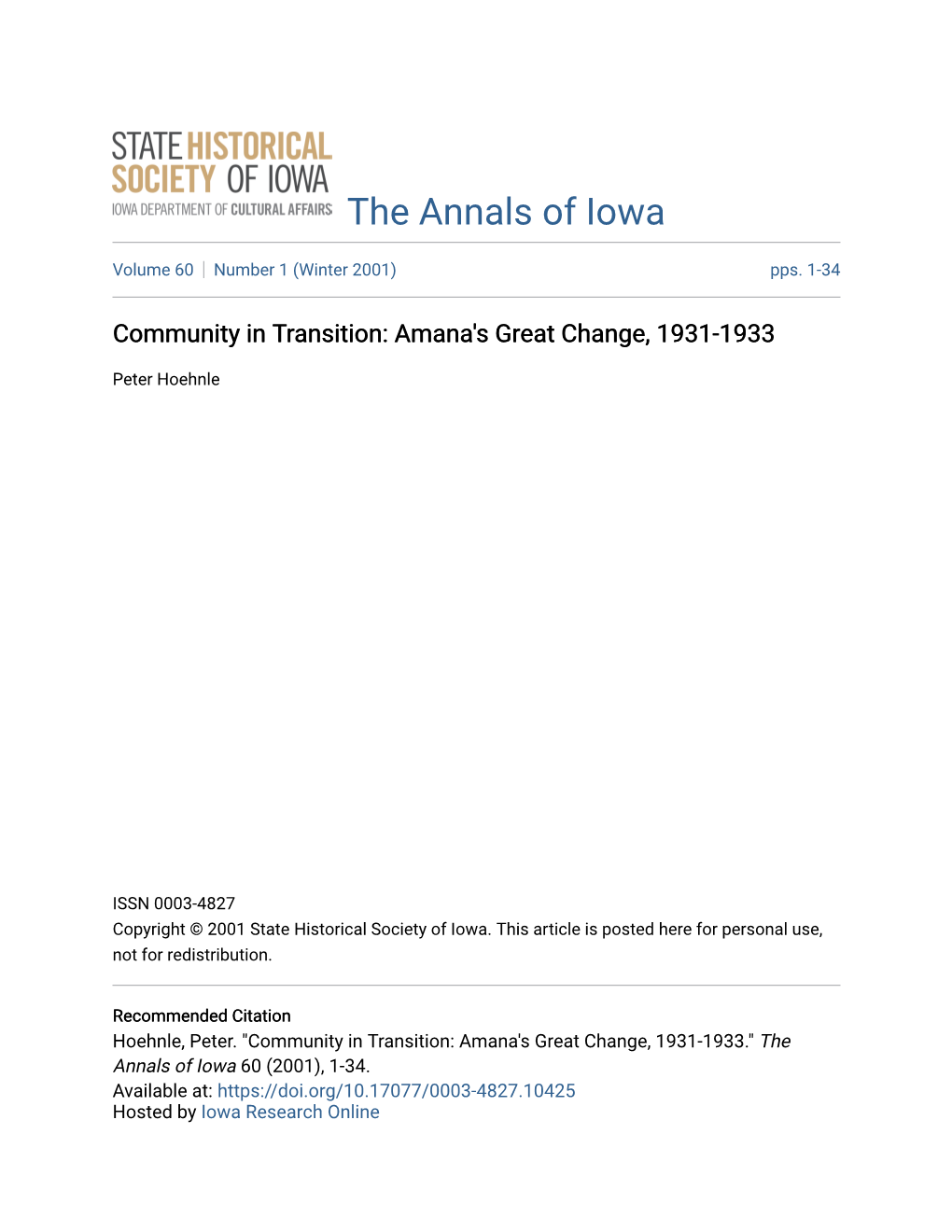 Amana's Great Change, 1931-1933