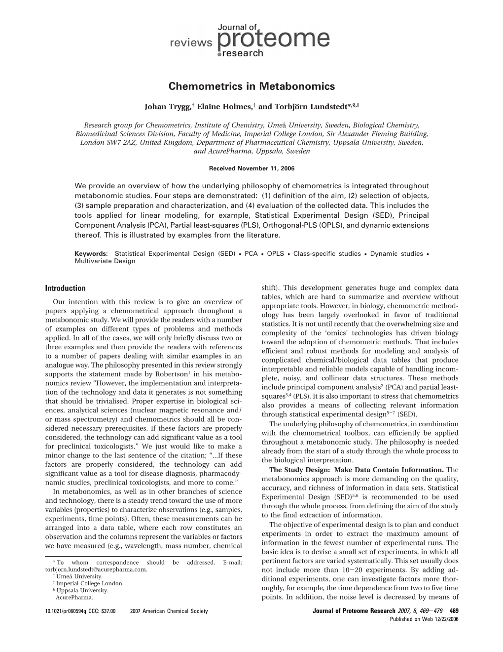 Chemometrics in Metabonomics