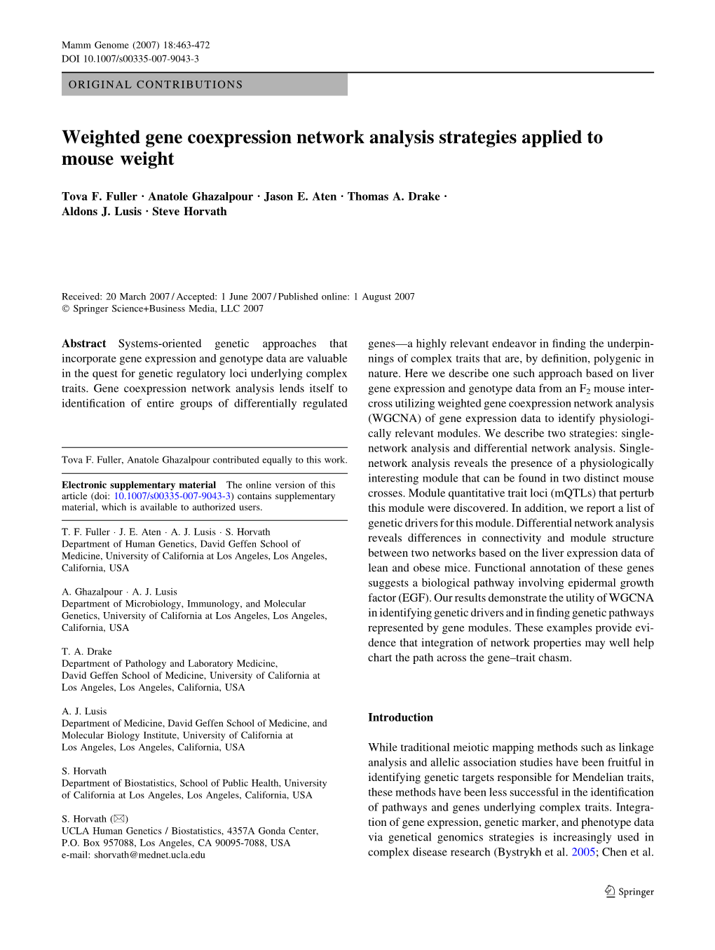 Weighted Gene Coexpression Network Analysis Strategies Applied to Mouse Weight