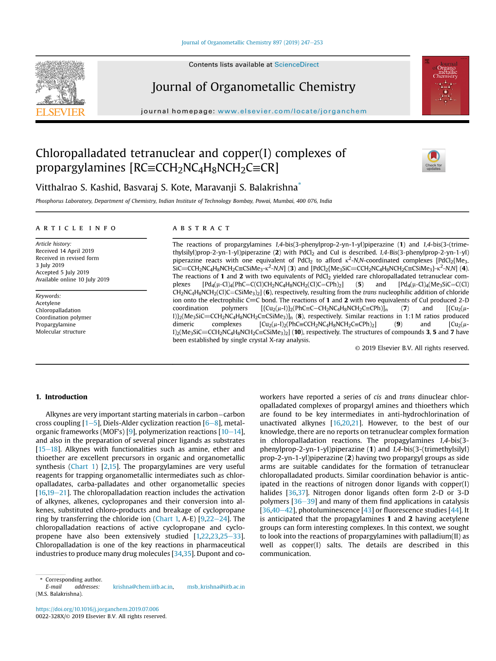 Complexes of Propargylamines [RC≡CCH2NC4H8NCH2C≡CR] * Vitthalrao S