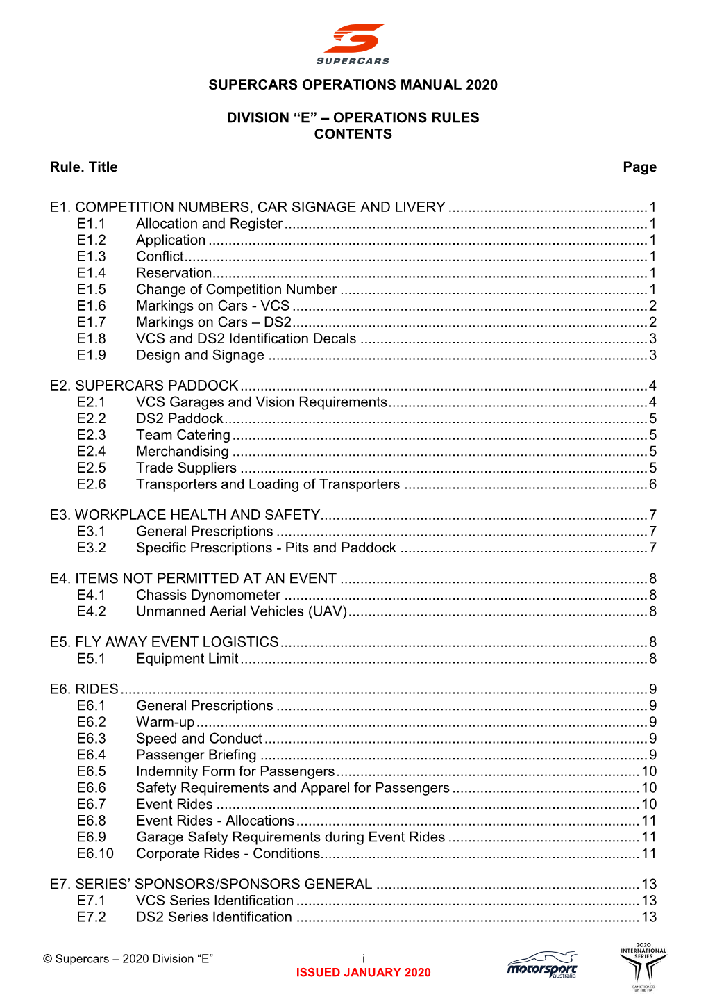 Division “E” – Operations Rules Contents